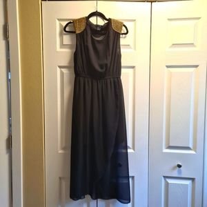 Black and Gold shoulder padded midi dress